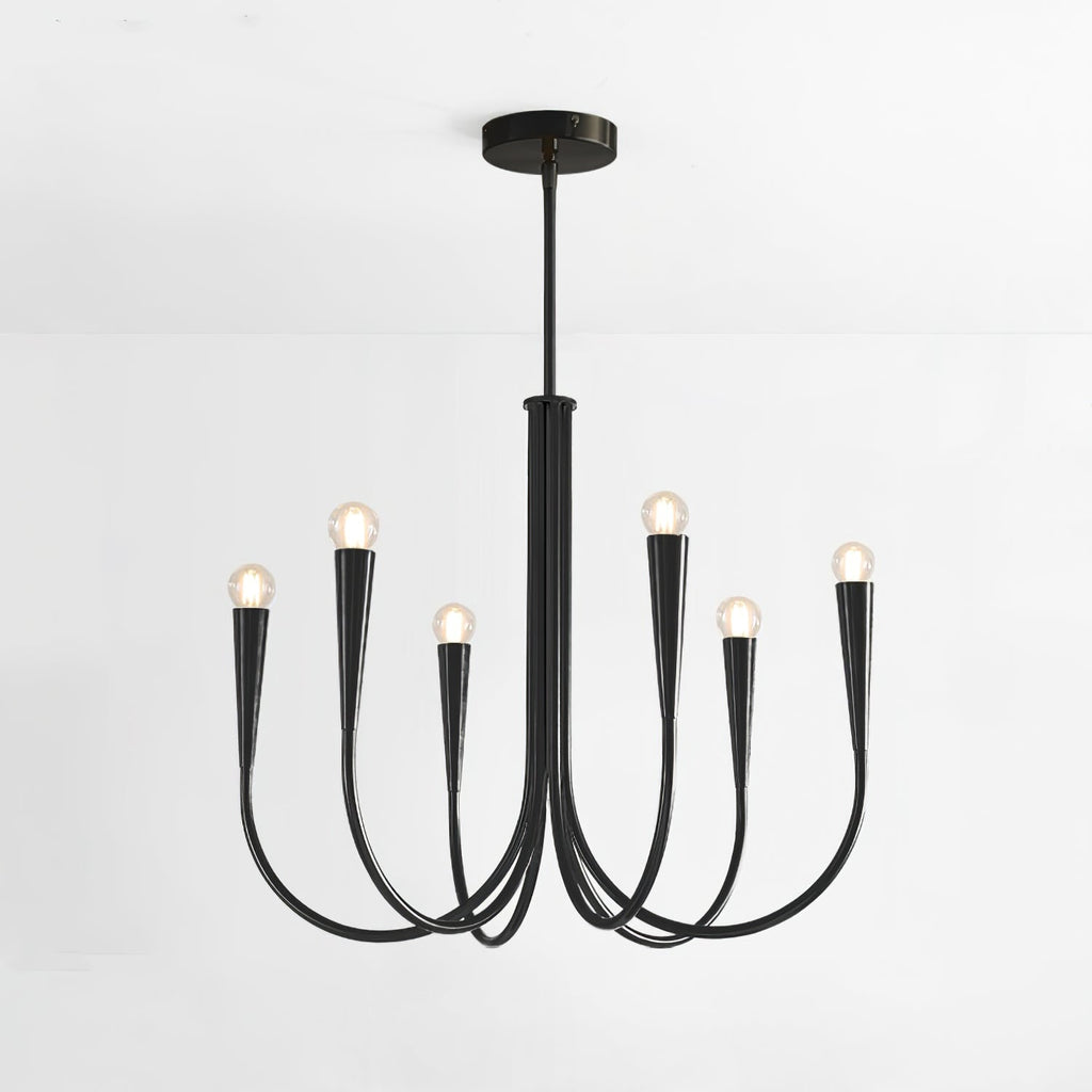 Black Clérachic chandelier with six arms, shown on a plain pale backdrop with a short rod and round canopy.