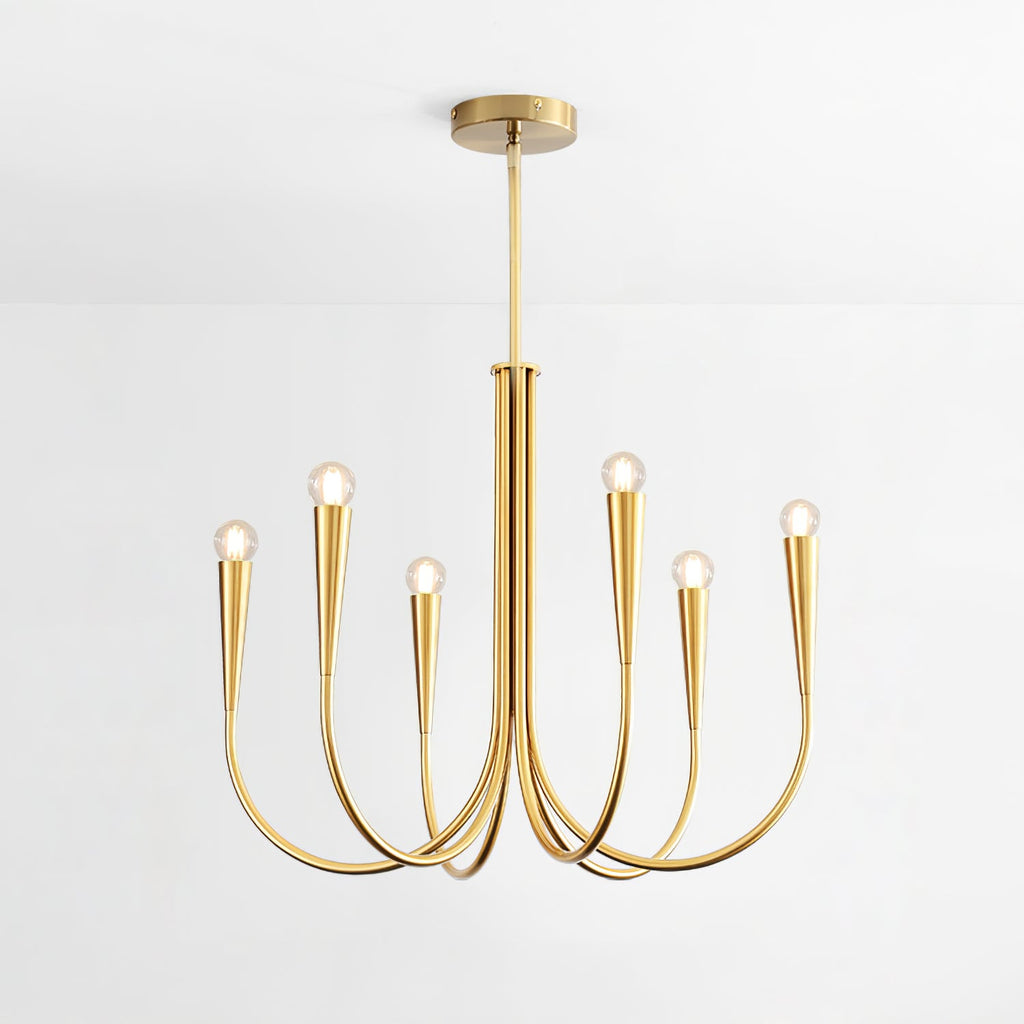 Brass-toned Clérachic chandelier with six curved arms and conical sockets, cut out on a pale backdrop with a slim rod and canopy.