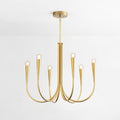 Brass-toned Clérachic chandelier with six curved arms and conical sockets, cut out on a pale backdrop with a slim rod and canopy.