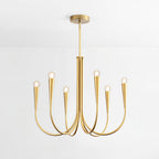 Brass-toned Clérachic chandelier with six curved arms and conical sockets, cut out on a pale backdrop with a slim rod and canopy.