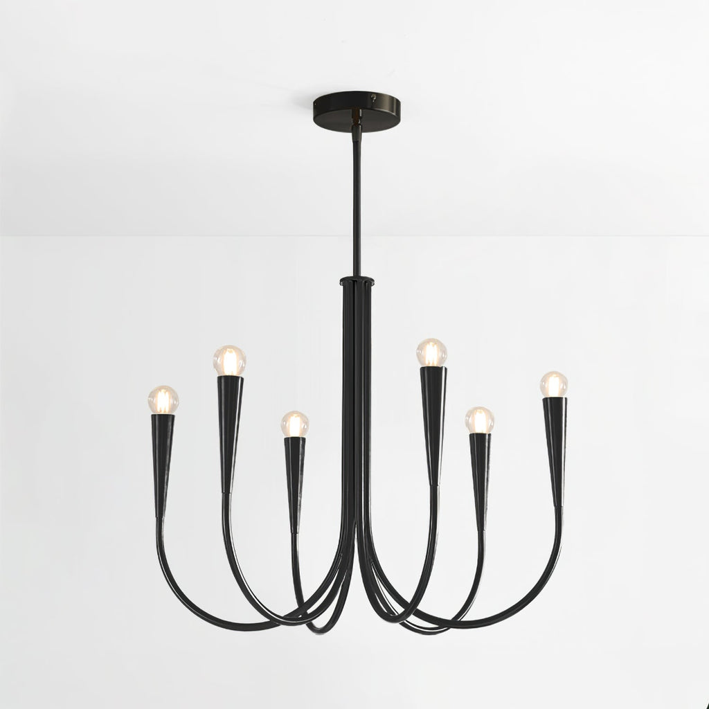 A black Clérachic chandelier, single tier, cut out on a plain white backdrop, with bare bulbs on gently curved arms.