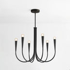 A black Clérachic chandelier, single tier, cut out on a plain white backdrop, with bare bulbs on gently curved arms.