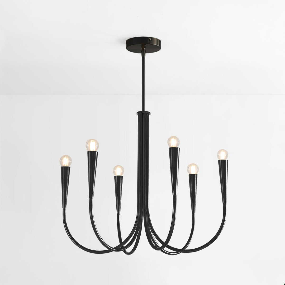 A black Clérachic chandelier, single tier, cut out on a plain white backdrop, with bare bulbs on gently curved arms.