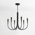 Front view of a black single-tier Clérachic chandelier, with six curved arms and conical sockets, on a pale backdrop.