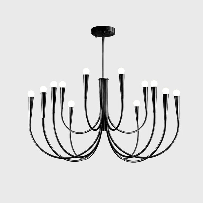 Wide, low view of a black Clérachic chandelier with a broad spread of looping arms and a rod from a round plate.