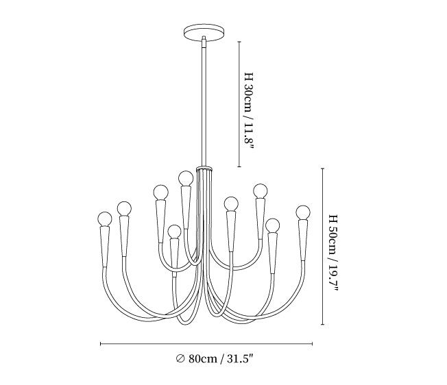 Clérachic chandelier dimension drawing, 1 of 2, every measurement marked in centimetres and inches.
