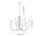 Clérachic chandelier dimension drawing, 1 of 2, every measurement marked in centimetres and inches.
