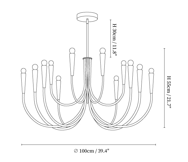 Clérachic chandelier dimension drawing, 2 of 2, every measurement marked in centimetres and inches.