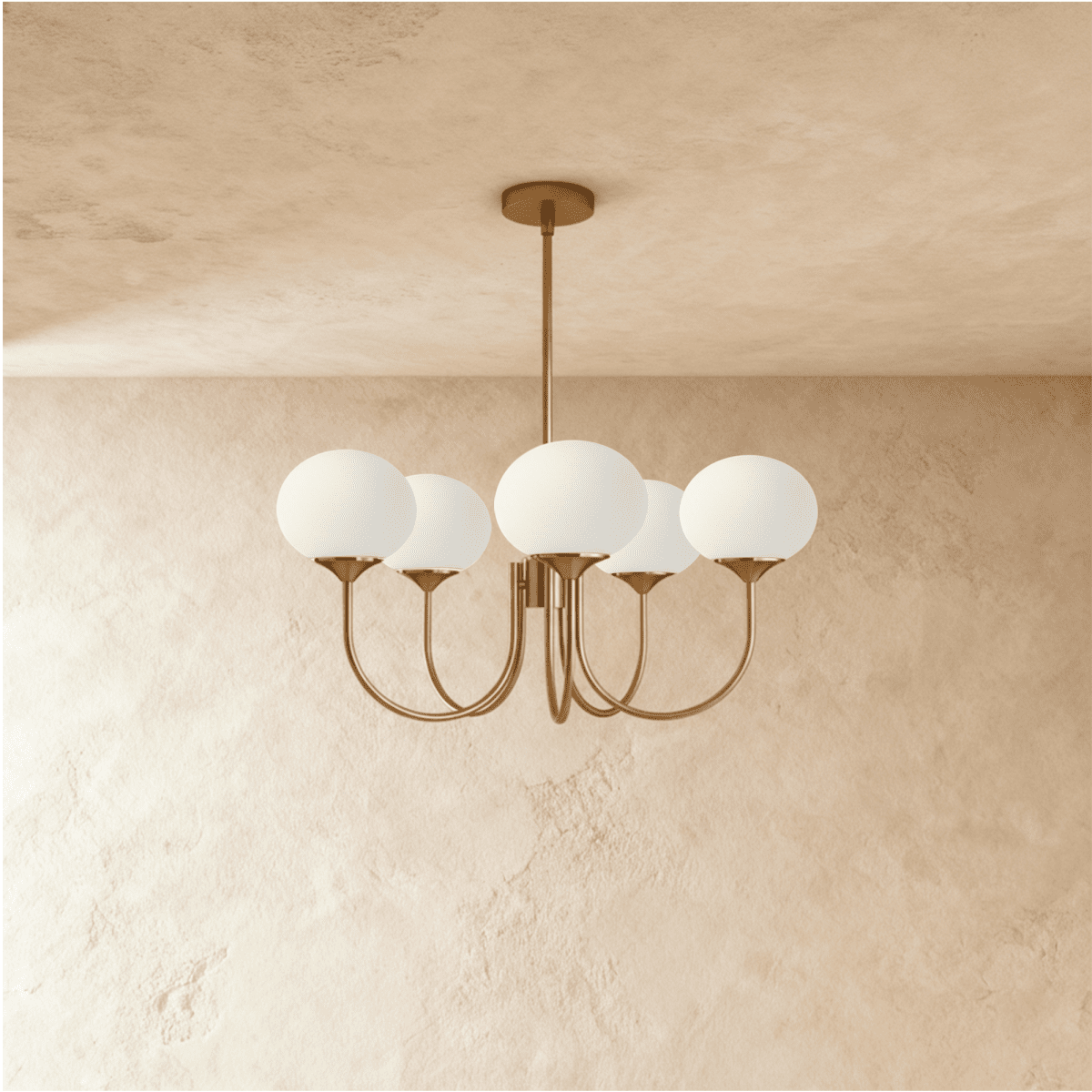 Clérachic five-light chandelier with unlit white oval glass shades on sweeping curved bronze-toned arms and a ceiling rod.