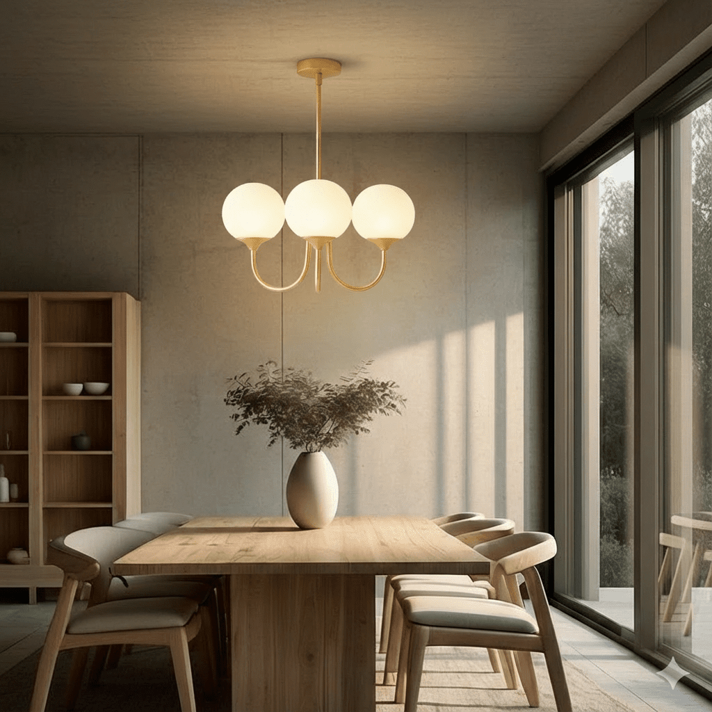 Clérachic three-light chandelier with white glass globes lit warm above a long oak dining table beside floor-to-ceiling windows.