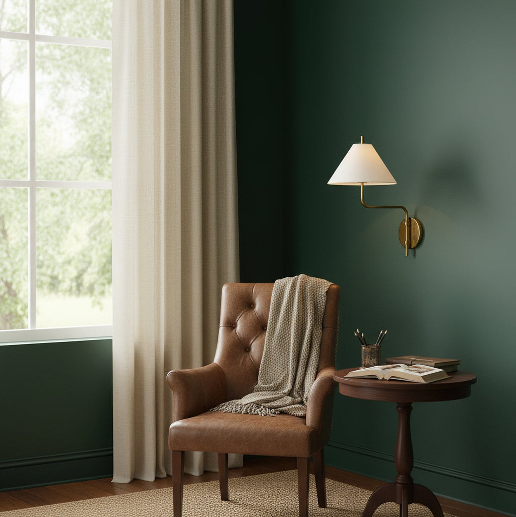 White-shaded Clérachic wall light on a deep green wall above a small round table and a tan leather armchair by a window.