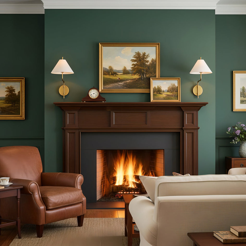 Two white-shaded Clérachic wall lights either side of a landscape painting above a lit wooden fireplace, with a leather armchair nearby.