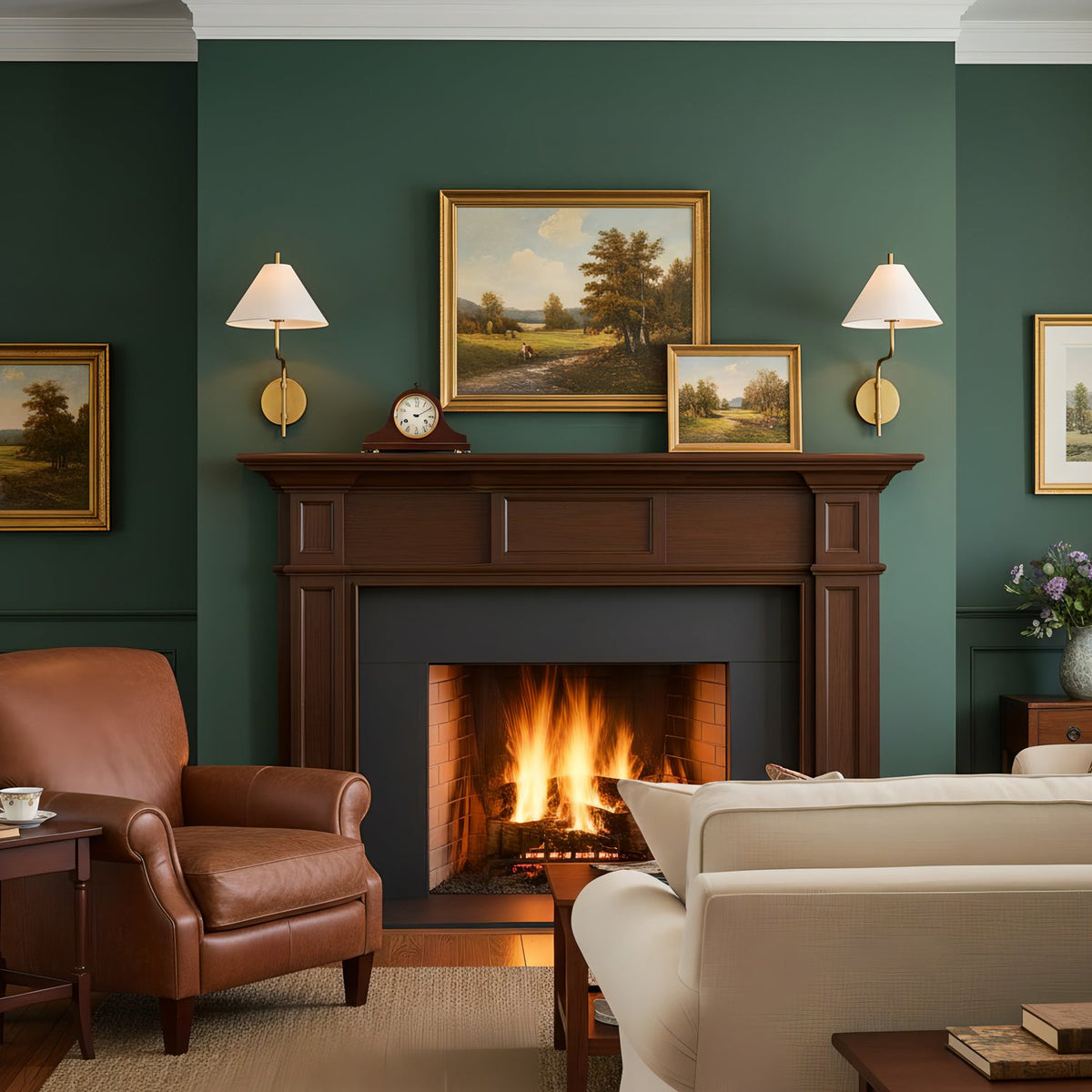 Two white-shaded Clérachic wall lights either side of a landscape painting above a lit wooden fireplace, with a leather armchair nearby.