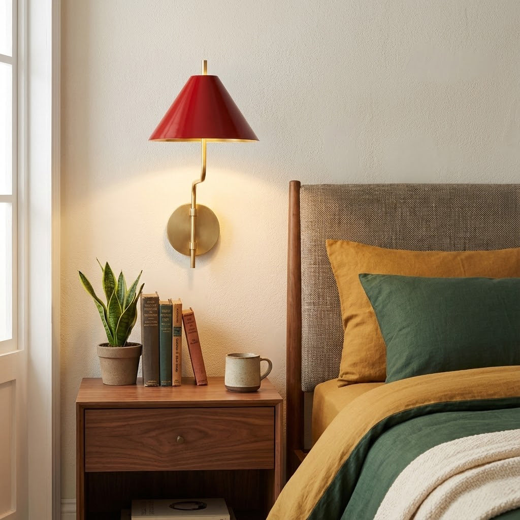 Red-shaded Clérachic wall light above a walnut bedside table with books, a plant and a mug, beside a bed in mustard and green.