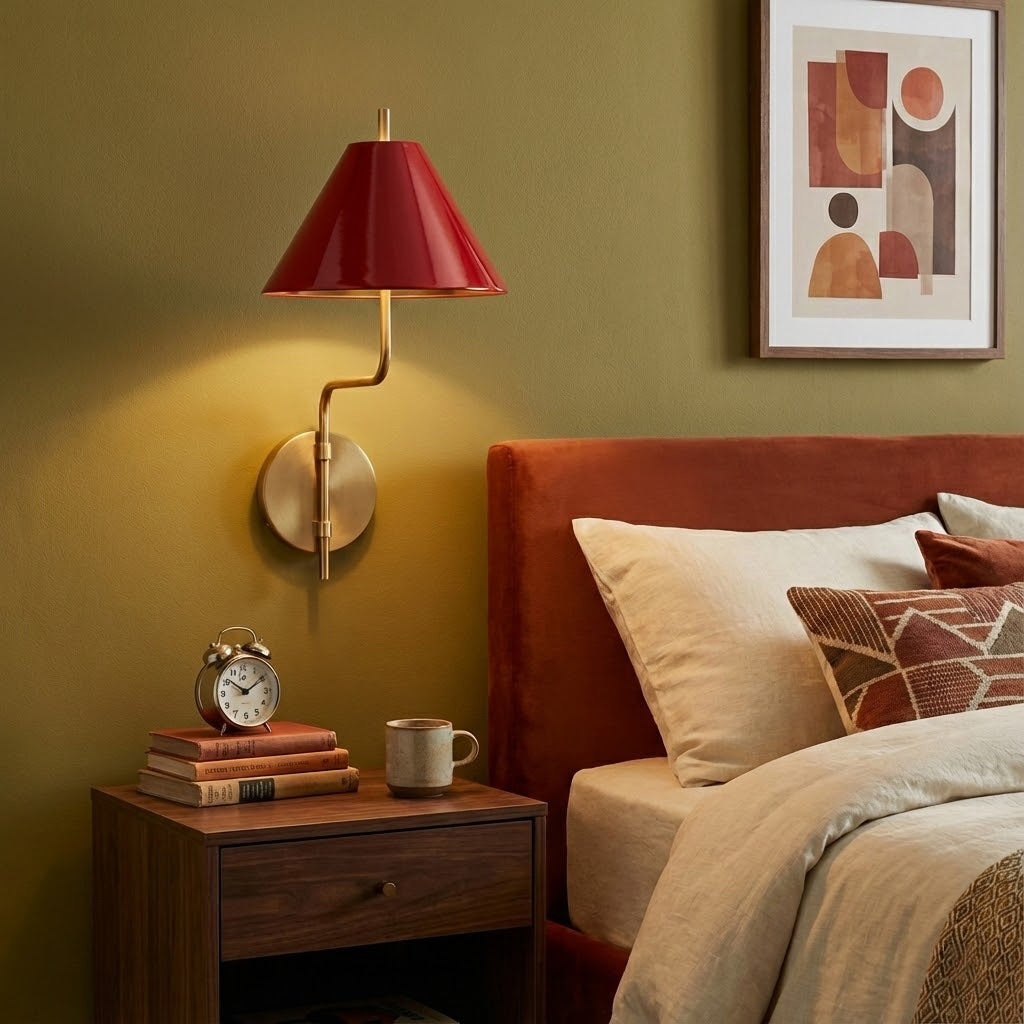 Red-shaded Clérachic wall light on an olive wall over a rust headboard and a bedside table with an alarm clock and books.