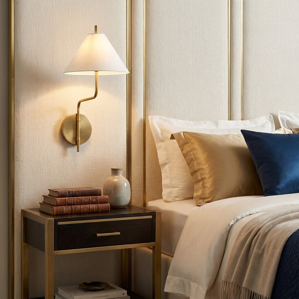 White-shaded Clérachic wall light above a black and brass bedside table, beside a cream headboard and a bed with navy and gold cushions.