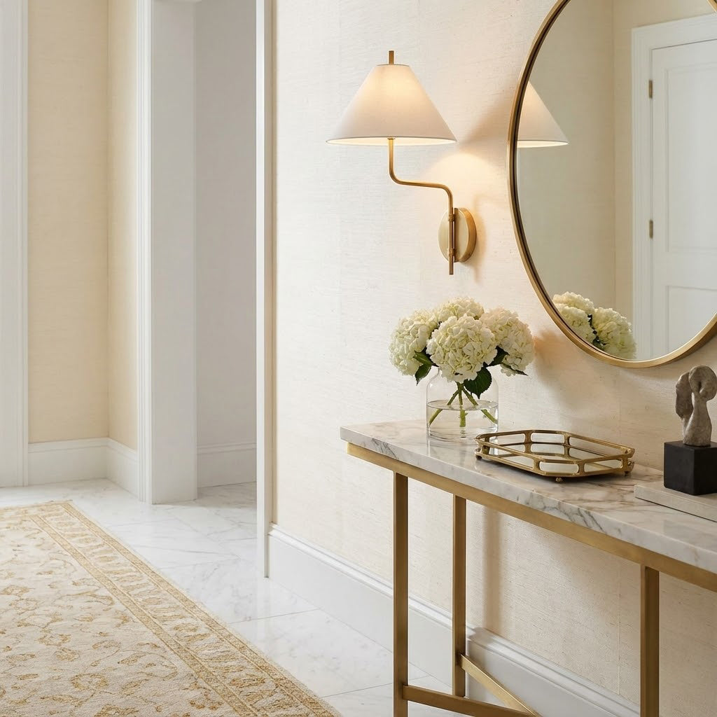 White-shaded Clérachic wall light by a tall round mirror in a bright hallway, above a marble console with white hydrangeas and a brass tray.