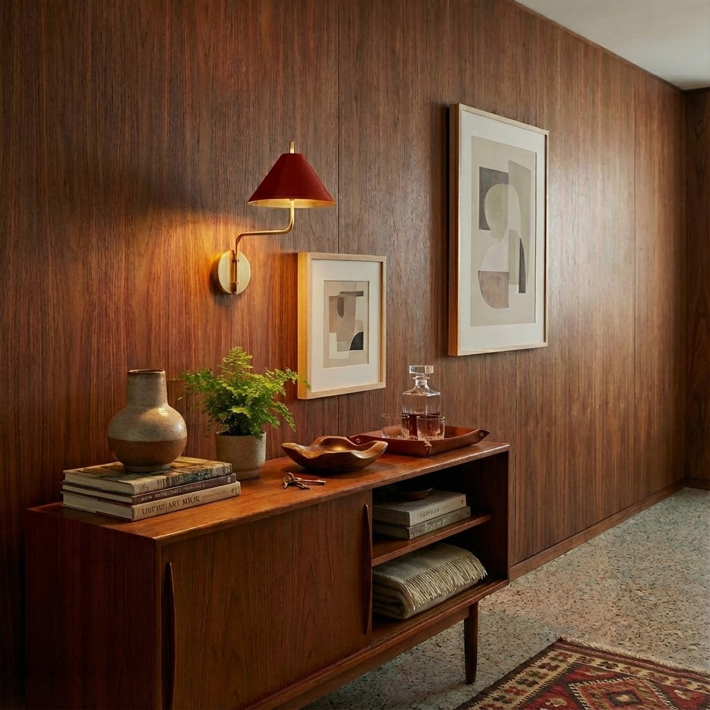 Red-shaded Clérachic wall light on a wood-panelled wall above a walnut sideboard, with framed prints, a vase and a green plant.