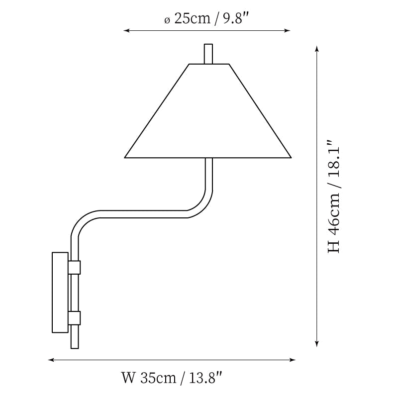 Clérachic wall light dimension drawing, every measurement marked in centimetres and inches.