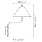 Clérachic wall light dimension drawing, every measurement marked in centimetres and inches.