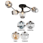Clérachic black ceiling light with four curved glass shades in smoky grey, with colour swatches of the four shade options below.