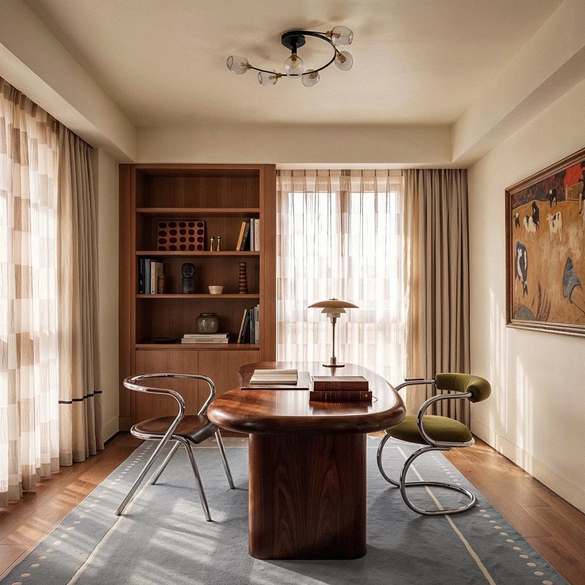 Clérachic black ceiling light with curved arms and clear glass shades above a walnut table in a calm, bright study.
