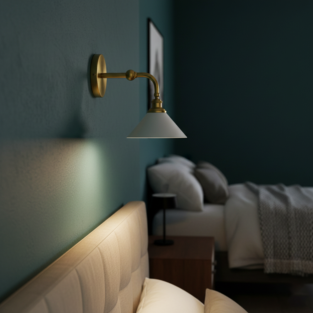 Brass-armed Clérachic wall light with a white conical shade, angled down over a bed against a deep teal wall.