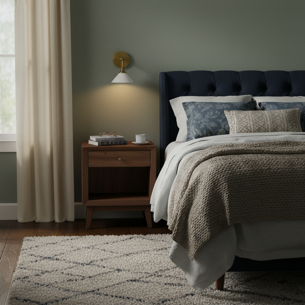 This Clérachic wall light in brass, with a white cone shade, hangs on a sage wall above a walnut bedside table and a navy bed.