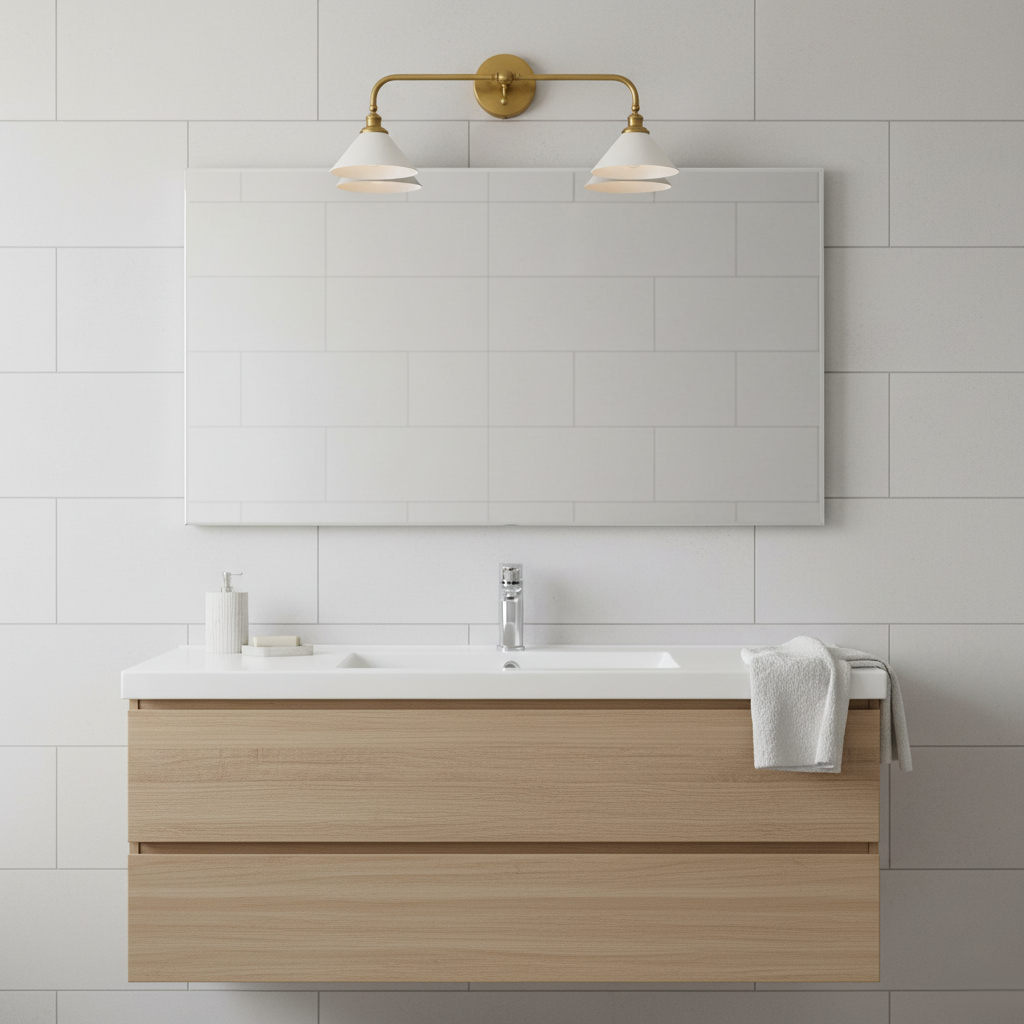 A double Clérachic wall light with brass arms and two white cone shades hangs above a white basin and a pale oak vanity.