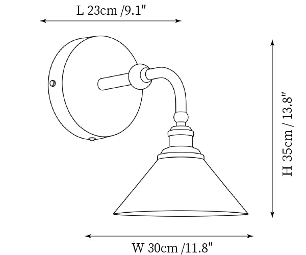 Dimension drawing of this single Clérachic wall light, with its 23 cm (9.1″) length, 35 cm (13.8″) height and 30 cm (11.8″) width marked.