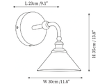 Dimension drawing of this single Clérachic wall light, with its 23 cm (9.1″) length, 35 cm (13.8″) height and 30 cm (11.8″) width marked.