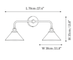 Dimension drawing of this double Clérachic wall light, with its 70 cm (27.6″) length, 35 cm (13.8″) height and 30 cm (11.8″) shade width marked.