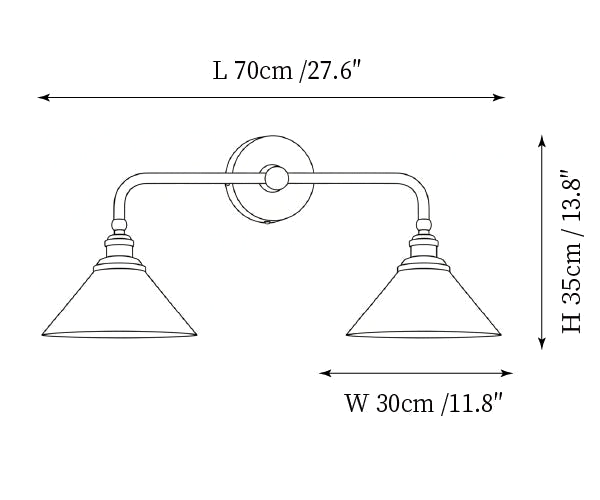 Dimension drawing of this double Clérachic wall light, with its 70 cm (27.6″) length, 35 cm (13.8″) height and 30 cm (11.8″) shade width marked.