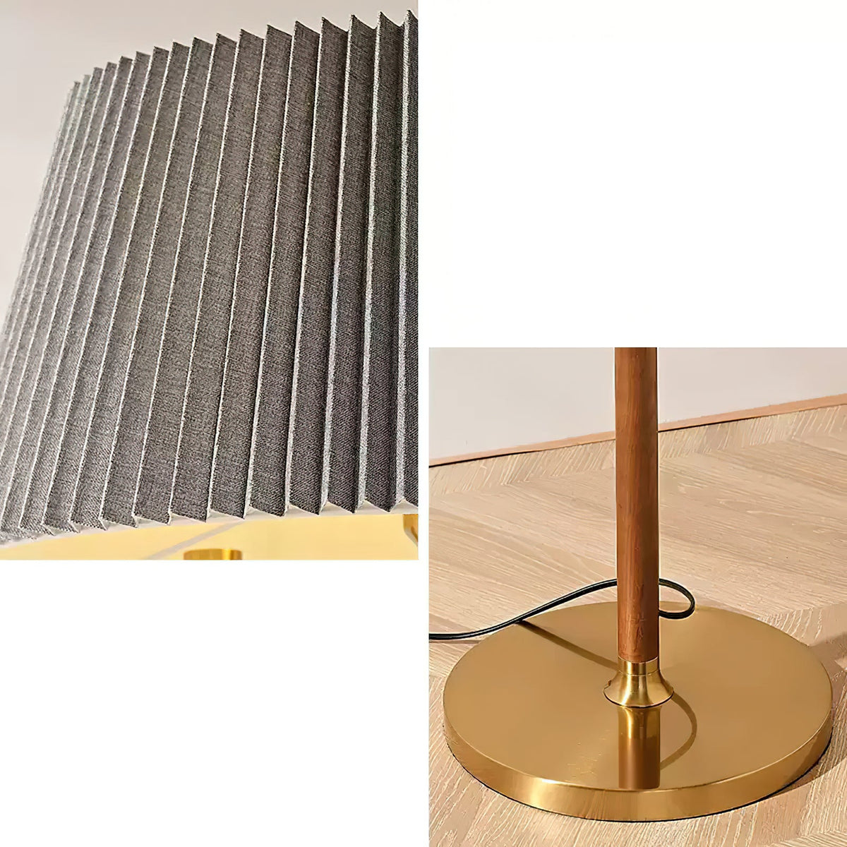 Close view of the fine grey pleats of the shade on this Clérachic floor lamp, above the walnut stem and round brass base.