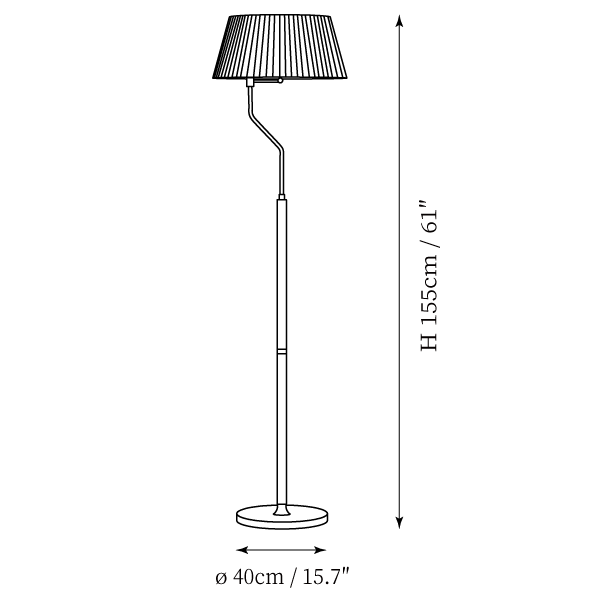 Dimension drawing of this Clérachic floor lamp, with its 155 cm height and 40 cm base width marked.