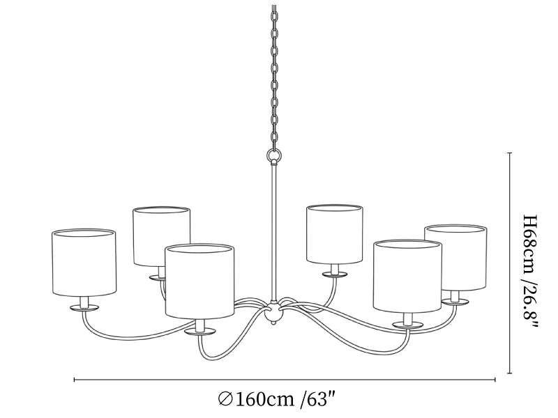 Clérachic chandelier dimension drawing, 1 of 2, every measurement marked in centimetres and inches.