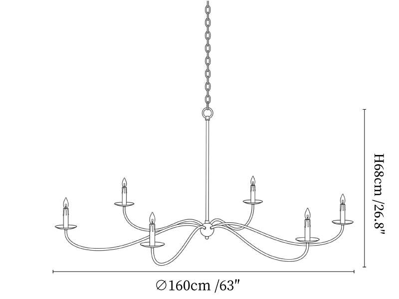 Clérachic chandelier dimension drawing, 2 of 2, every measurement marked in centimetres and inches.