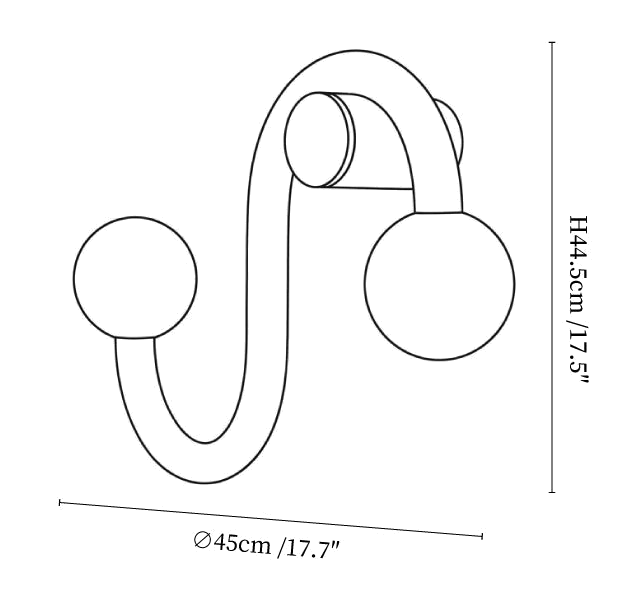 Clérachic wall light dimension drawing, every measurement marked in centimetres and inches.