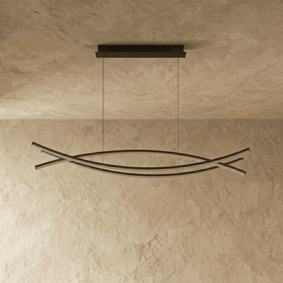 Clérachic long black chandelier with three crossing curved bars, switched off, hanging from a black canopy on fine cords.