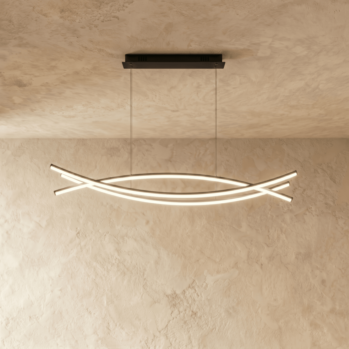 Clérachic black LED chandelier with crossing curved light bars glowing warm below a black rectangular canopy.