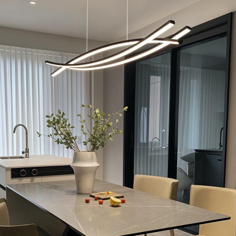 Clérachic black curved-bar LED chandelier on white cords above a stone-look kitchen table with a vase of green stems.