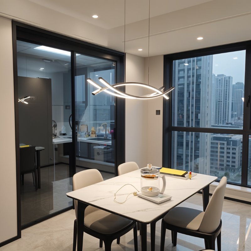 Clérachic crossing-bar LED chandelier hung low over a white dining table, with a large city-view window behind it.