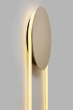 Angled close view of the polished gold disc and glowing LED loop on this Clérachic wall light, lit warm on a grey wall.