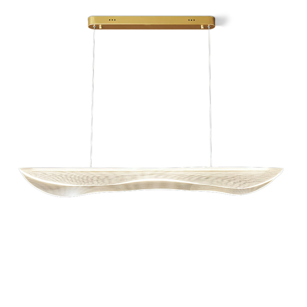 Clérachic linear pendant light with a clear rippled acrylic shade on two thin cables from a gold bar canopy, shown on white.