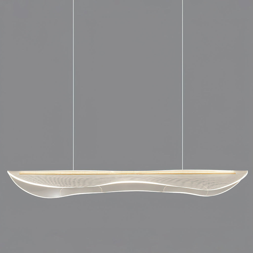 Unlit Clérachic linear pendant with a clear, wavy acrylic shade on two thin cables, against a plain grey backdrop.