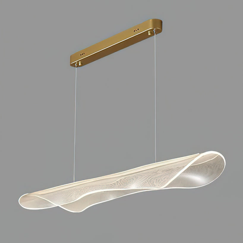 Angled view of a Clérachic pendant light with a curled, clear acrylic shade and a slim gold canopy, against a grey backdrop.