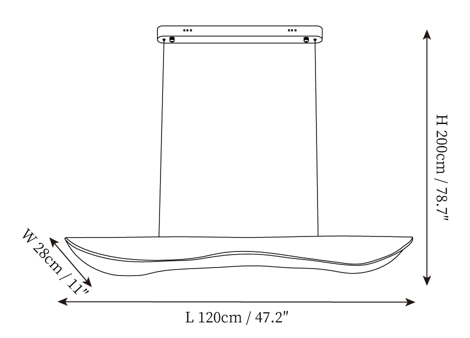 Clérachic pendant light dimension drawing, 2 of 3, every measurement marked in centimetres and inches.