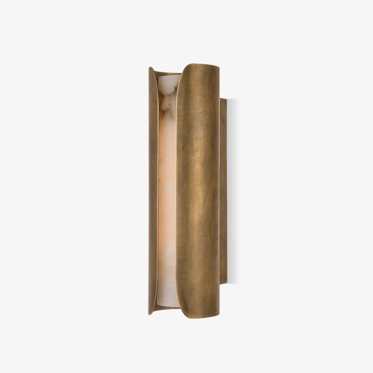 Clérachic wall sconce with two curved brass panels around a glowing alabaster slab, on a plain off-white backdrop.