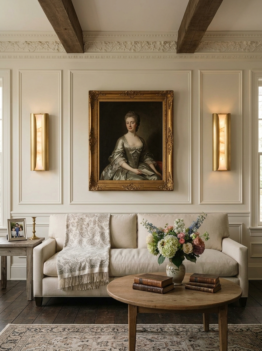 Pair of slim brass Clérachic alabaster sconces flanking a gilt-framed portrait, above a cream sofa in a panelled room.