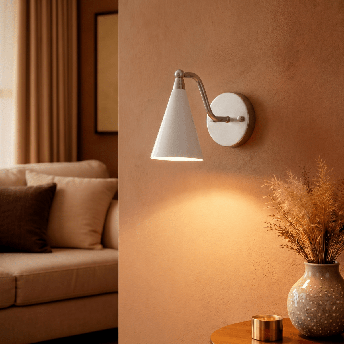 Clérachic satin chrome cone-shade wall sconce lit on a wall beside a doorway into a warm-toned living room.